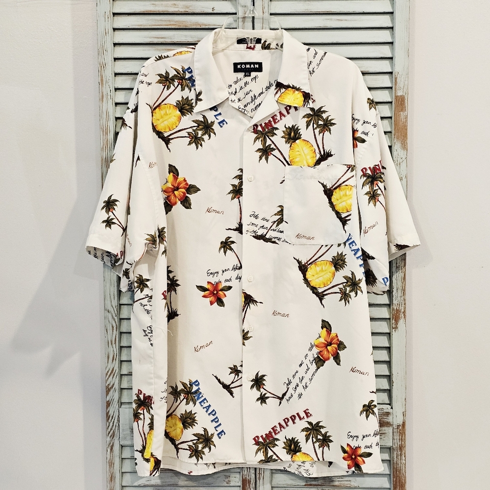 KOMAN SPORT Mens XL Tropical Hawaiian Pineapple Button-Up Short Sleeve Shirt EUC